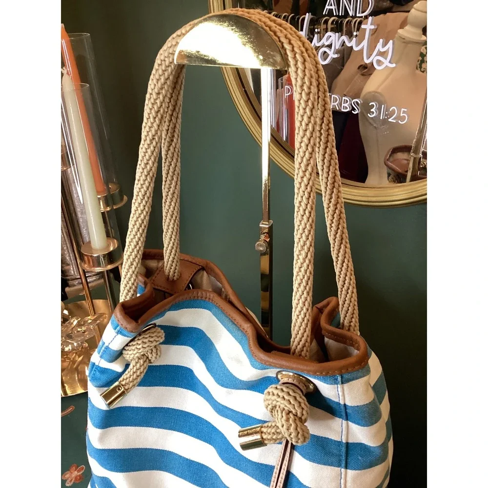 Michael Kors Canvas Tote Medium Blue White Striped‎ Nautical Rope Handle